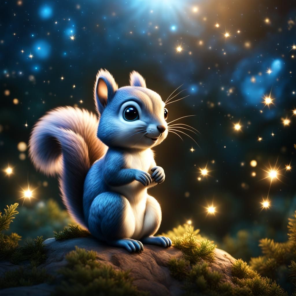 Chibi Squirrel Made of Stars Flying in Cosmos