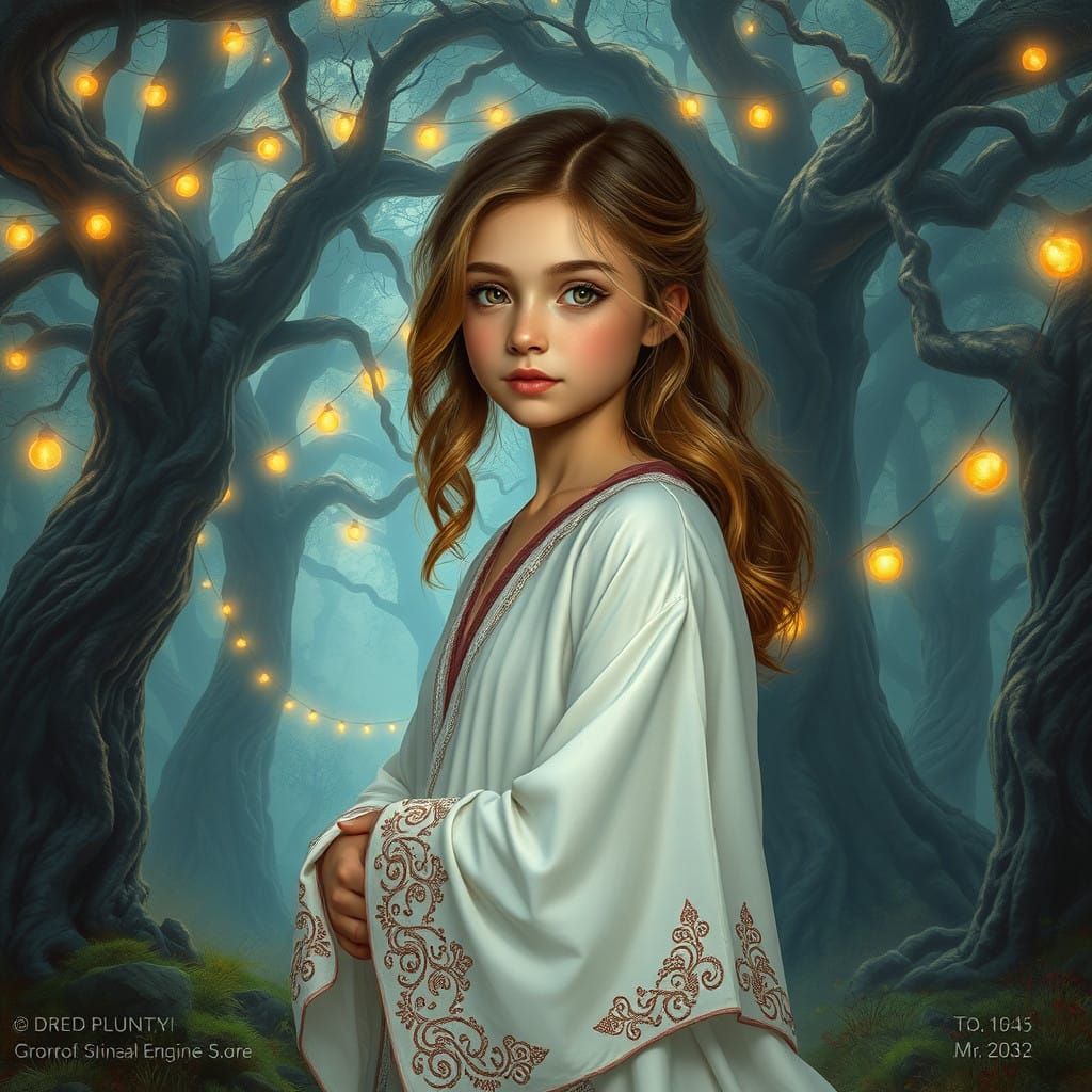 Ethereal 14-Year-Old Girl Amidst Ancient Fantasy Landscape