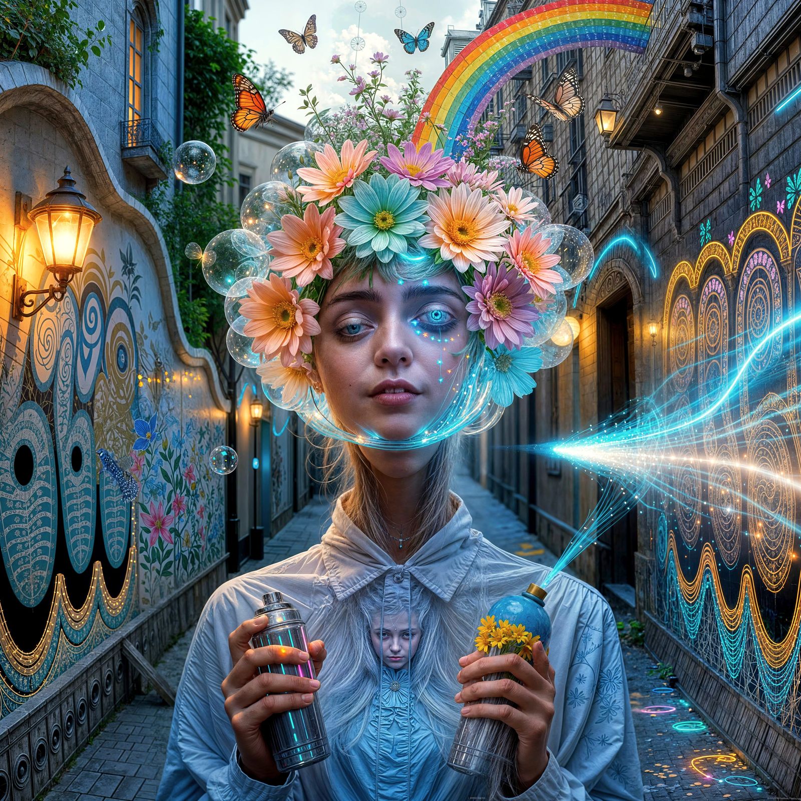 Surreal Bioluminescent Portrait in Futuristic Urban Alley