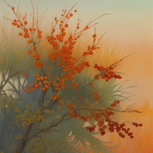 Sea Buckthorn Berries in Golden Hour Oil Painting