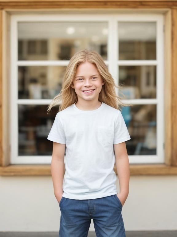 Cute Blond Boy with Kitten Shirt, Photo-Realistic