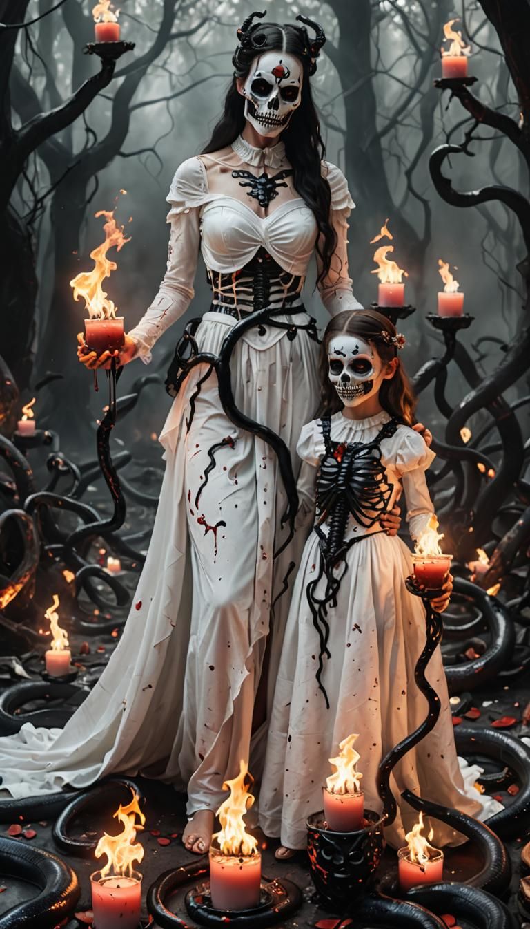 Goddess Sisters with Bloody Hearts and Masks