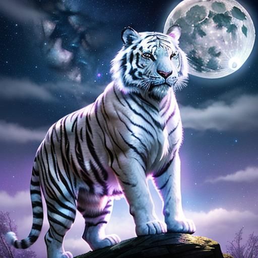 Fantasy White Tiger Under Starry Night