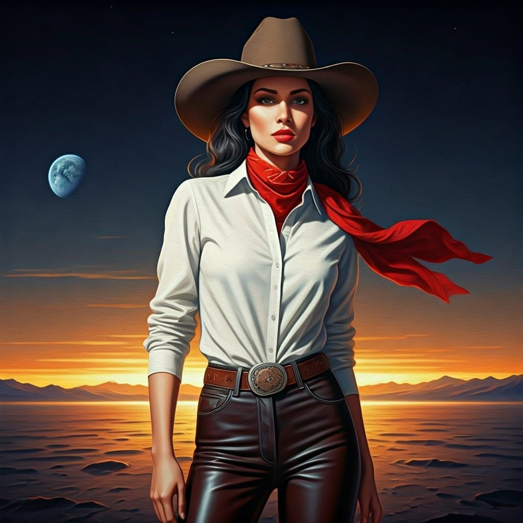 Cowgirl on the Moon: Oil Painting in WLOP Style