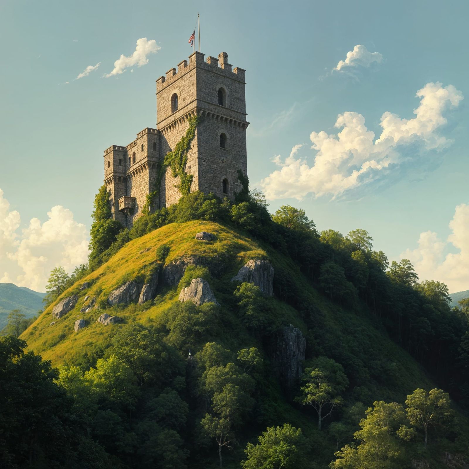 Medieval Stone Tower Painting on Forested Hill