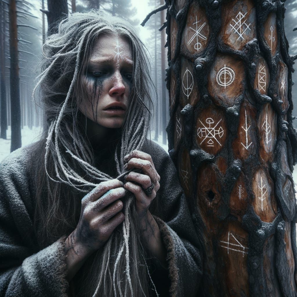 Mystic Woman Braid Ritual in Snowy Forest