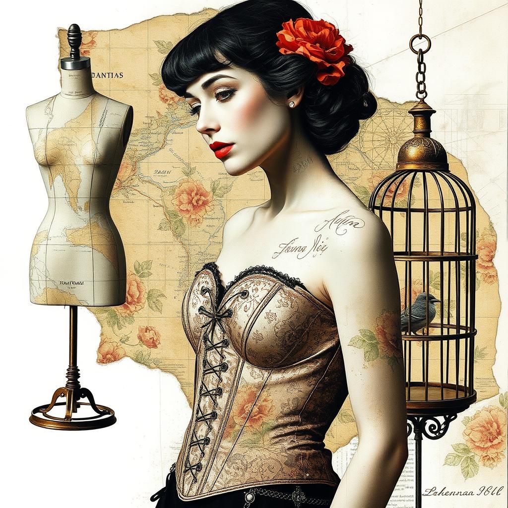 Surreal Collage of Woman, Mannequin and Birdcage