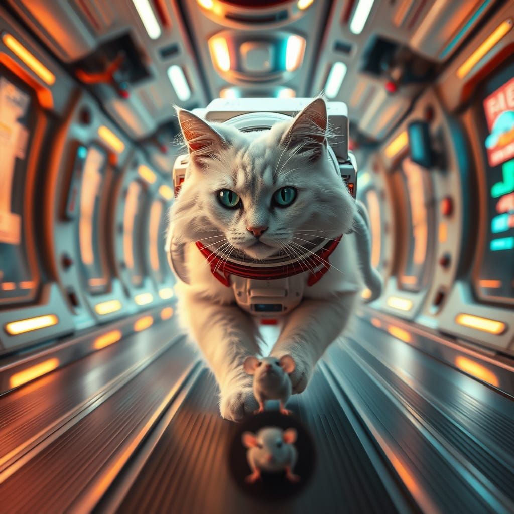 Regal White Persian Cat Pursues Mouse on Futuristic Space St...