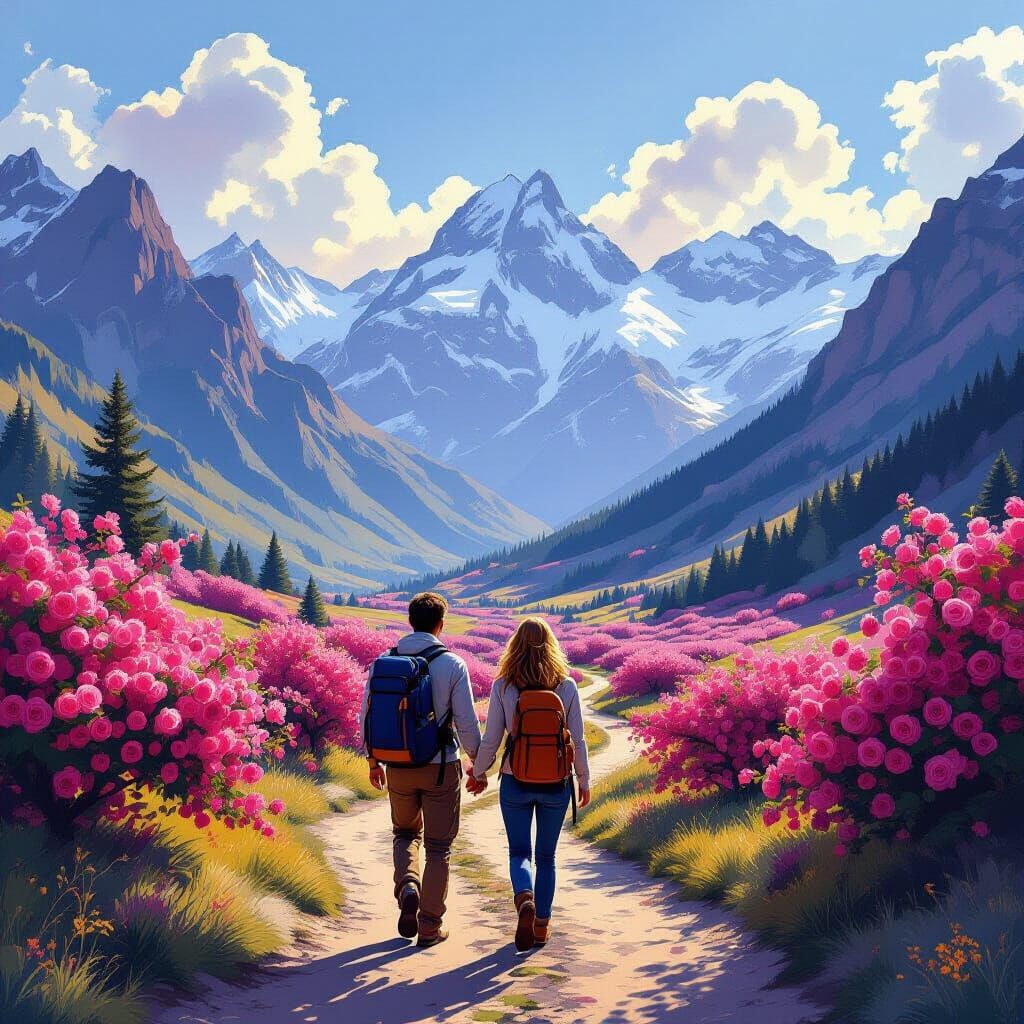 Couple Hiking Through Rose Valley with Mountains