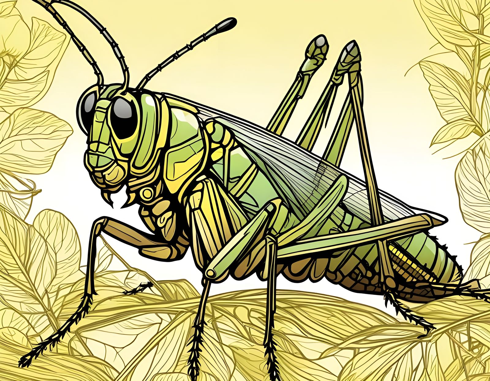 Detailed Grasshopper Portrait in Digital Line Art