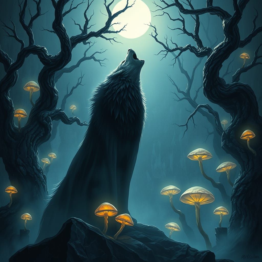 Mysterious Shadow Wolf Howls in Dark Marble Forest