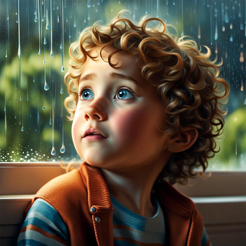Sad Boy in Rain: Pixar-Style Digital Illustration