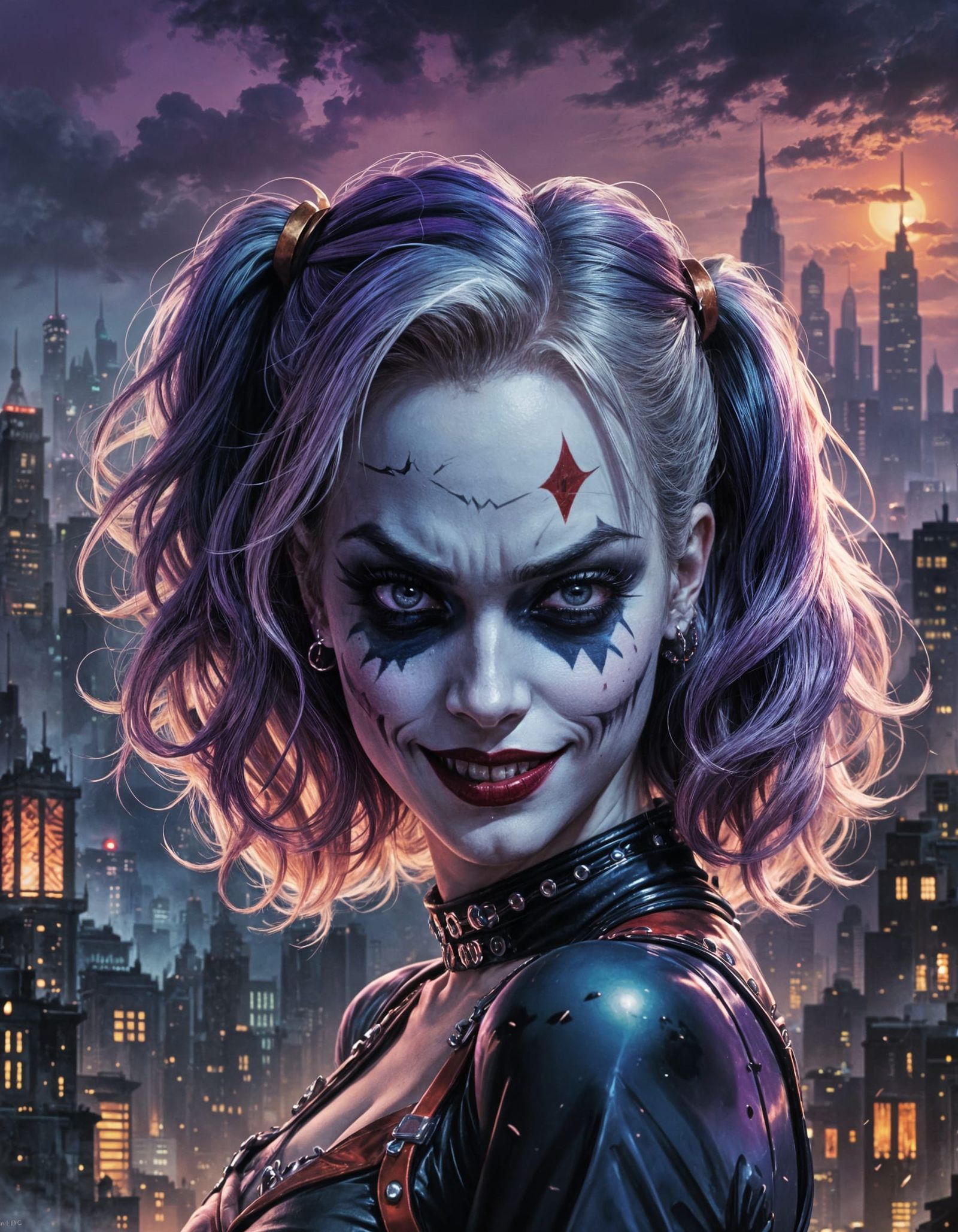 Harley Quinn's Evil Smile in Dark Cityscape