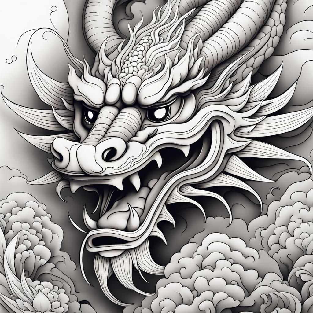 Chinese Dragon with Lotus Flower in 3D Line-Art