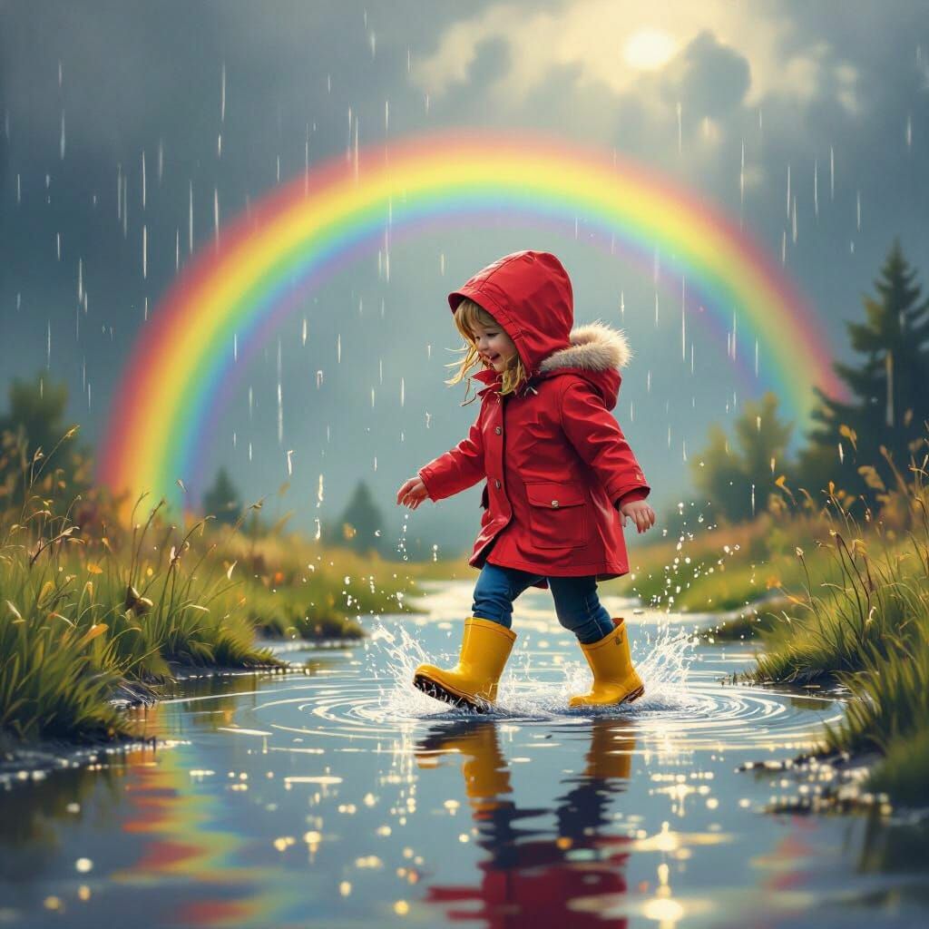 Child Splashing Puddles, Creating Rainbows in Whimsical Styl...