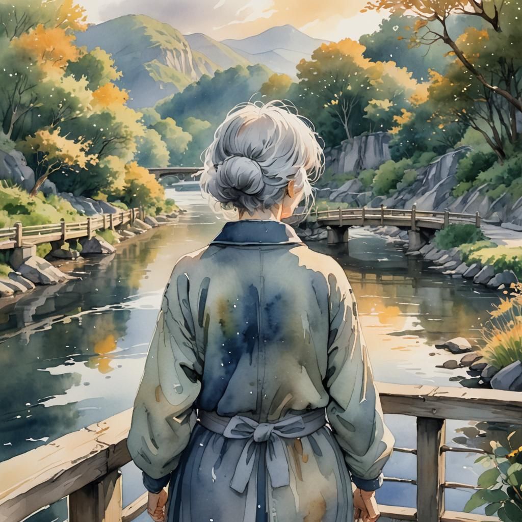 A Serene Watercolor Anime Scene Featuring a Gentle Elderly W...