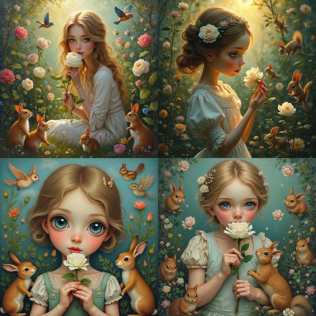 Whimsical Garden Portrait With Woman, Animals, and Birds