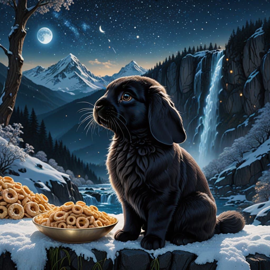 Black Holland Lop Rabbit Eats Cheerios Under Starry Sky