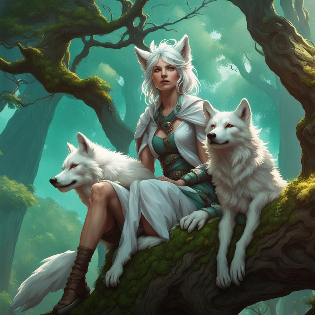 Woman with Wolf Ears in Treetop, Art Nouveau Style