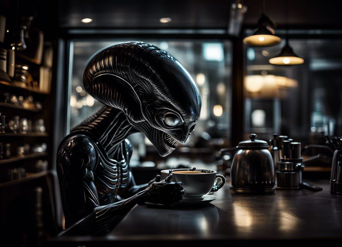 Hyperrealistic Alien Barista in Space Coffee Shop