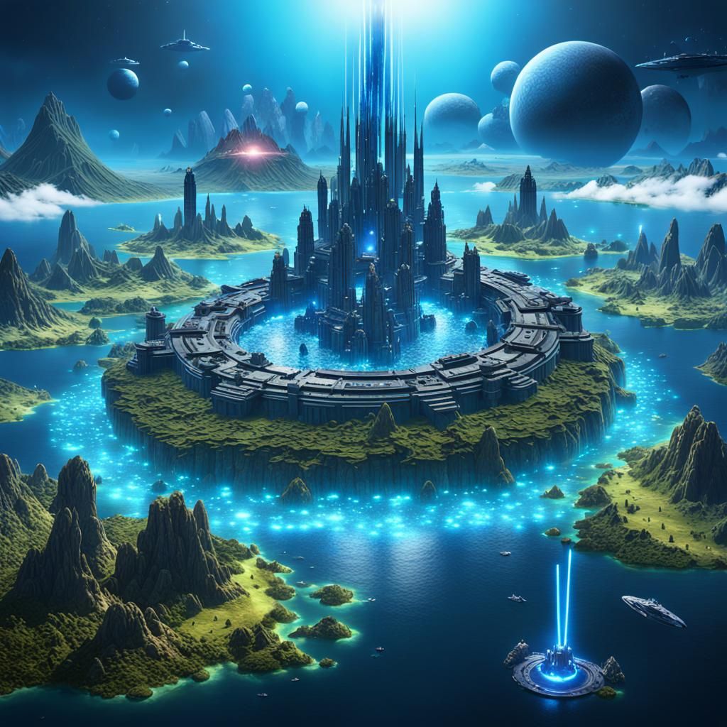 Alien Civilization with Blue Laser: Fantasy Concept Art