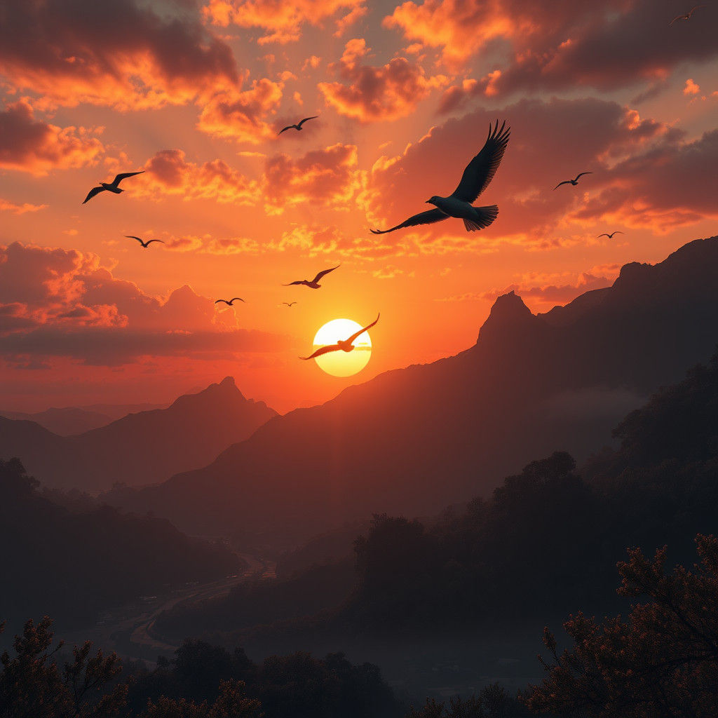 Birds Silhouetted Against a Colorful Sunset: Digital Art