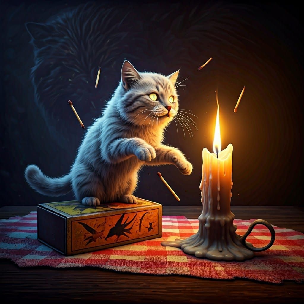 Frenzied Feline Escapes Antique Match Box in Whimsical Surre...