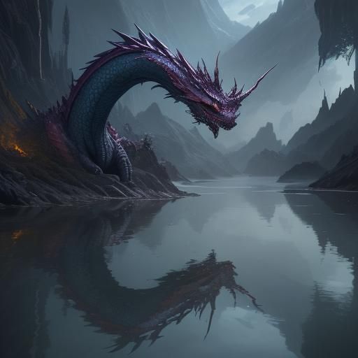Dragon Water Reflection in Detailed Matte Painting