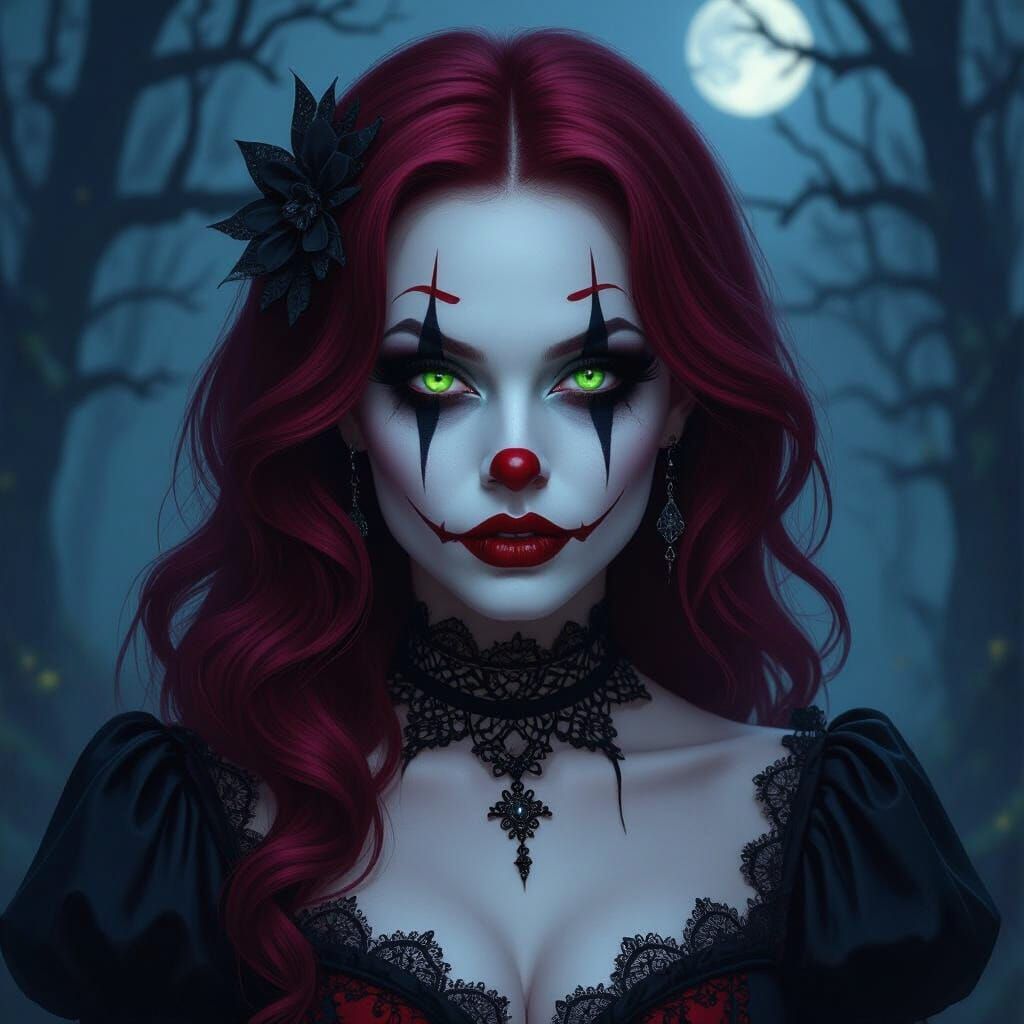 Gothic Evil Clown with Crimson Hair in Moonlit Forest