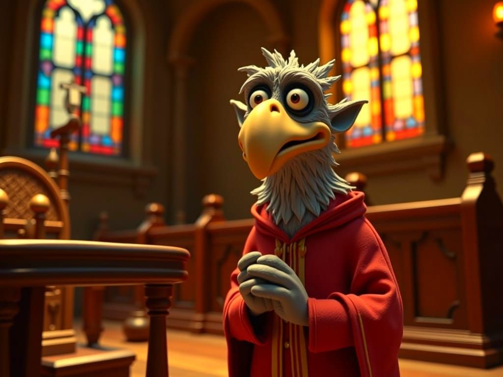 Claymation Eagle Prays at Church Altar