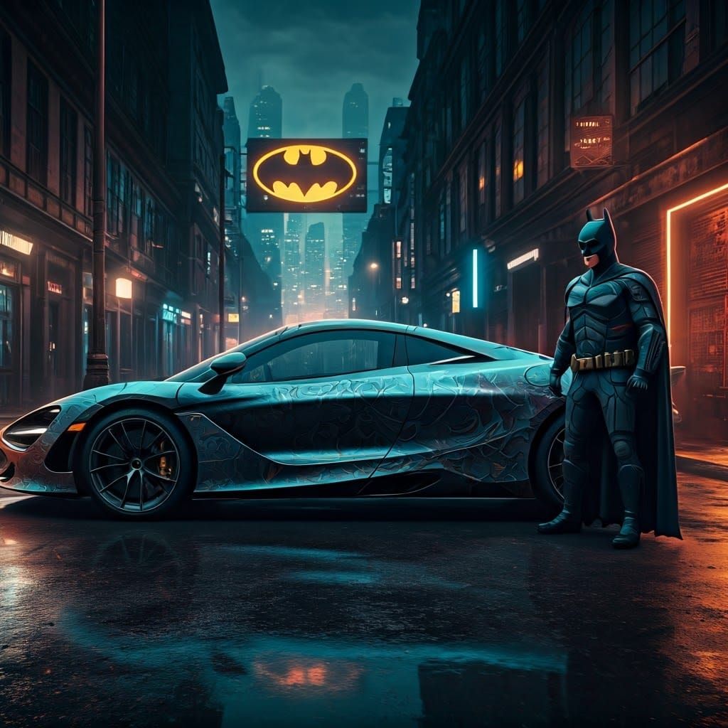 Batman Themed McLaren 750 in Cyberpunk Cityscape