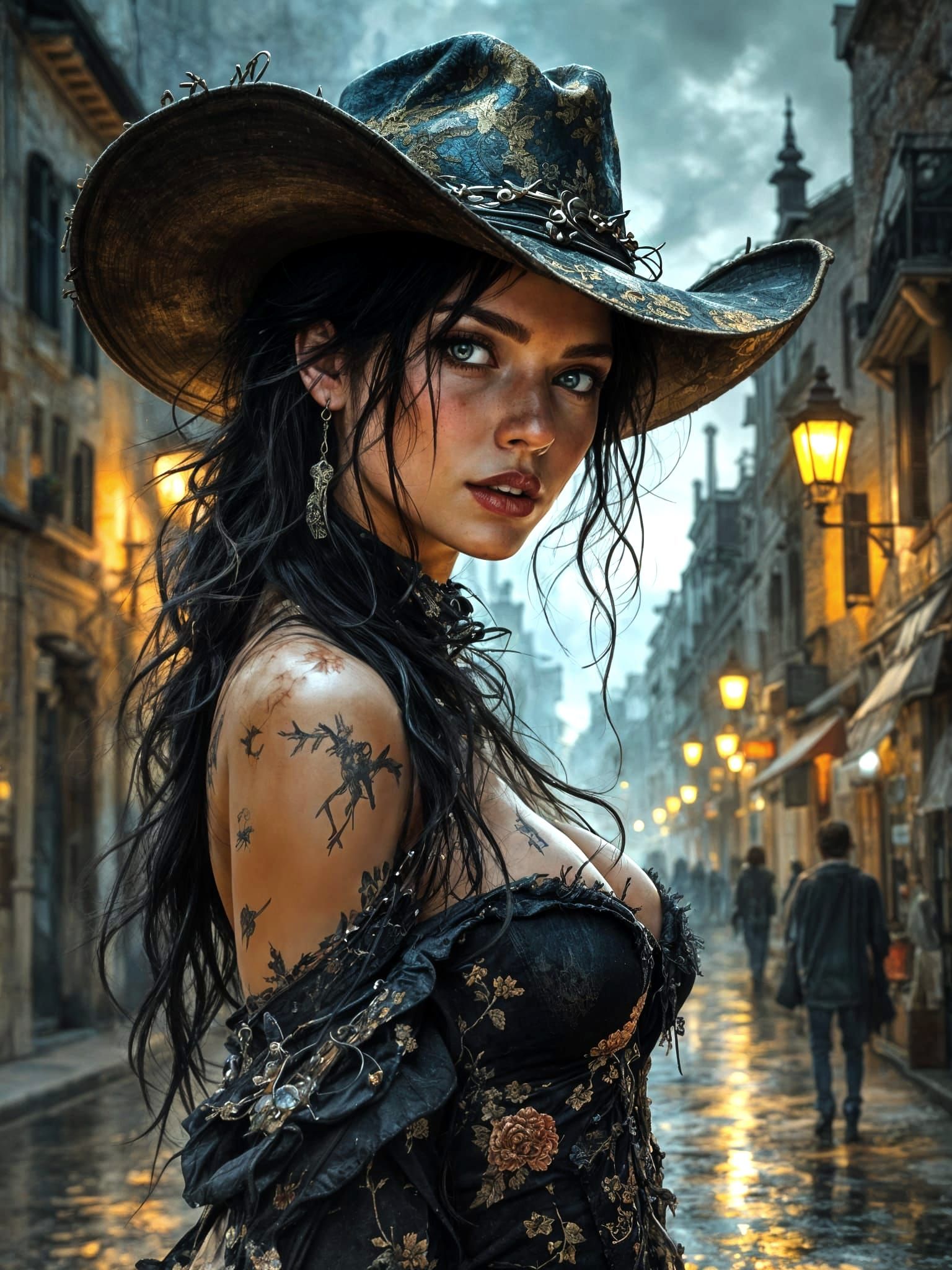 Elegant Cowgirl Amidst Ancient French Streetlights