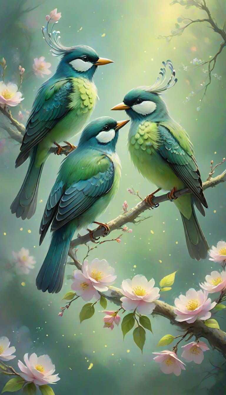 Magical Birds Touch Beaks on Blossoming Branch in Painterly ...