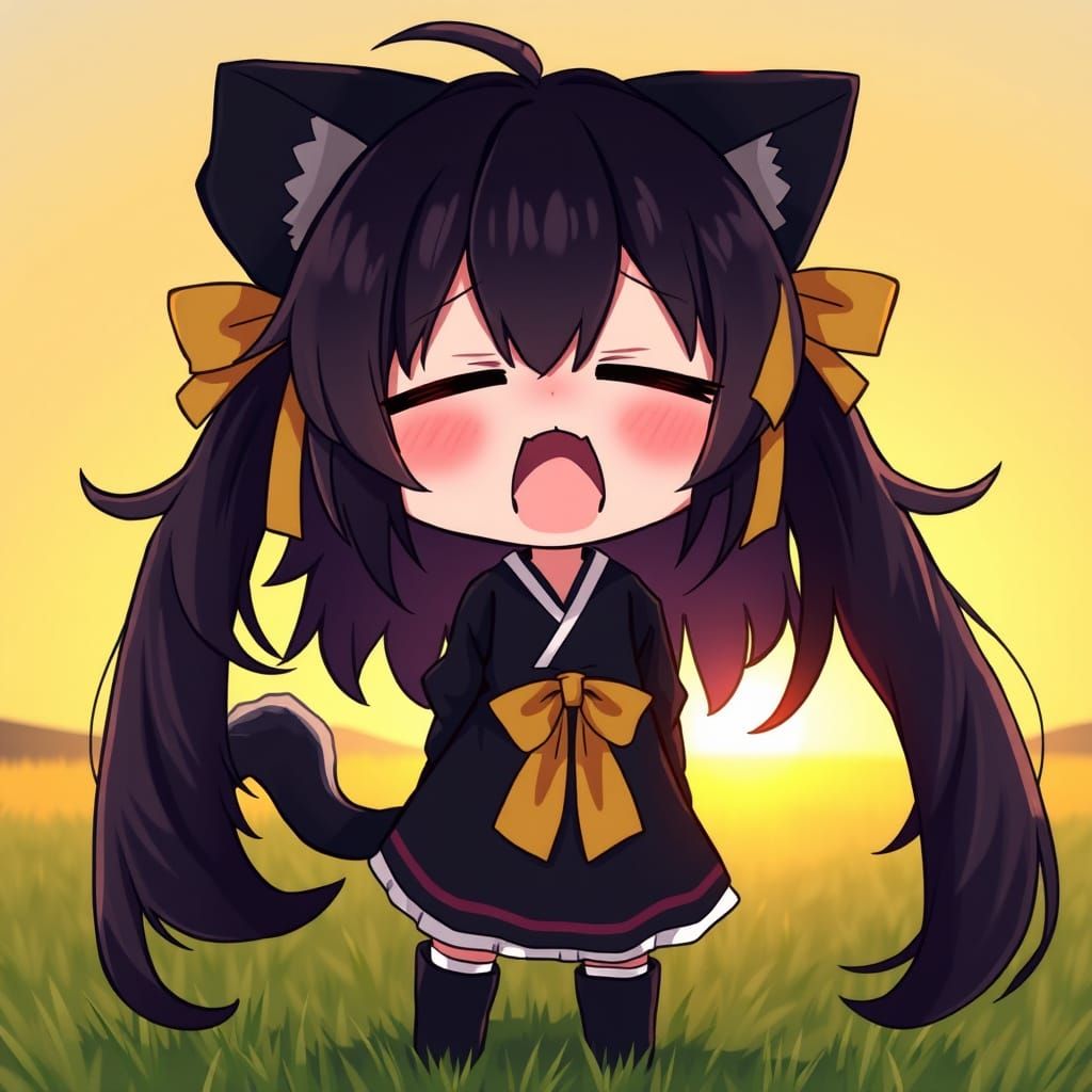 Adorable Anime Catgirl in a Morning Sunrise