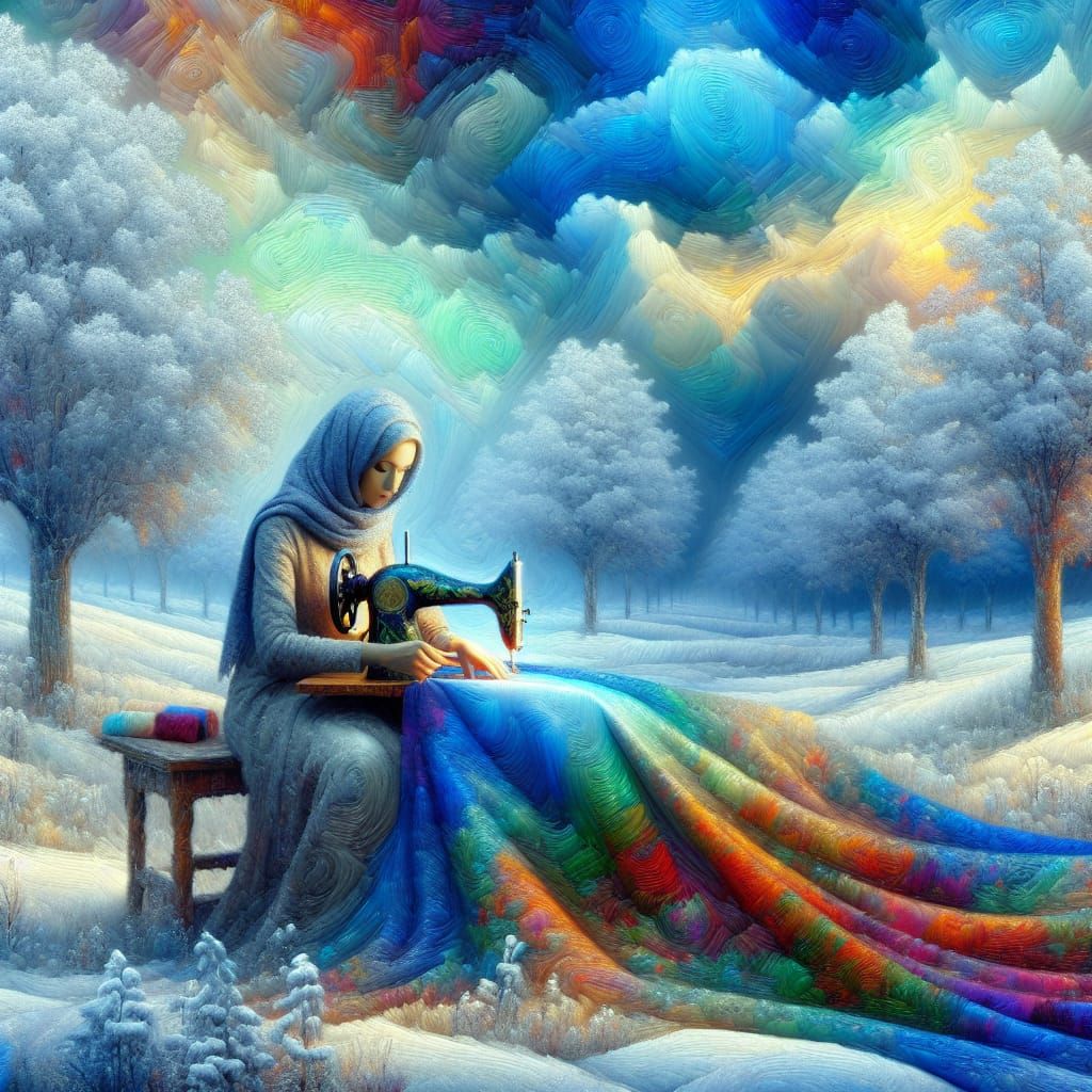 Middle Eastern Seamstress Weaves Winter Sky