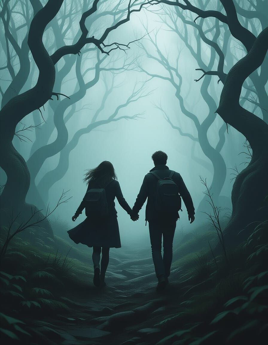Lovers Fleeing Through Dark Forest, Dramatic Digital Art