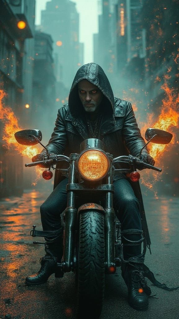 Biker with Glowing Eyes in Gothic Landscape