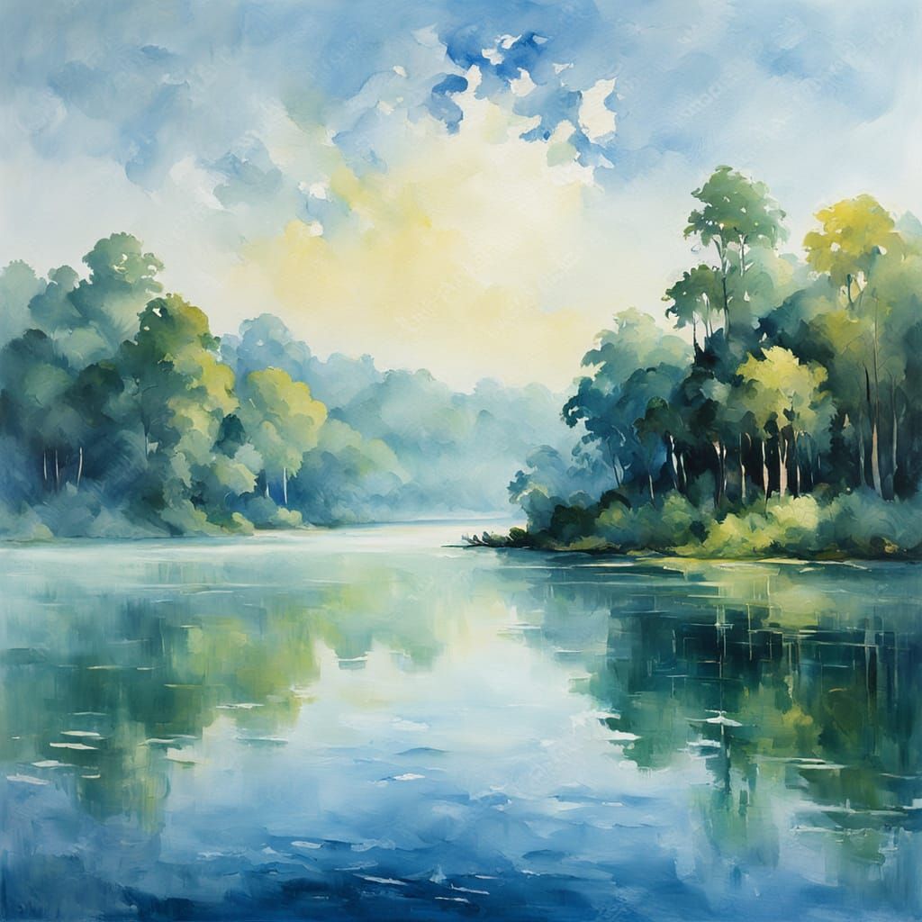 Impressionist Lake: Morning Mists in Gouache Style