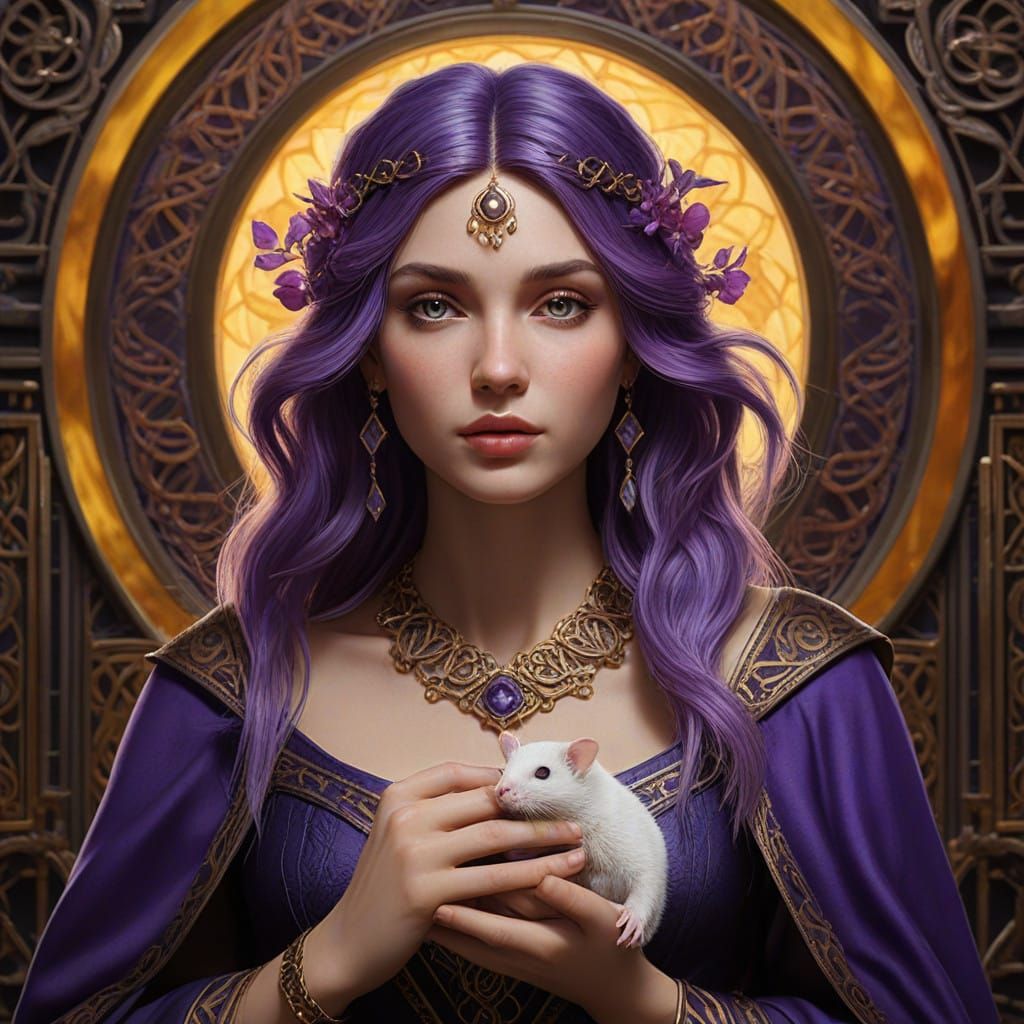 Regal Sorceress in Violet Celtic Attire with White Mouse Com...