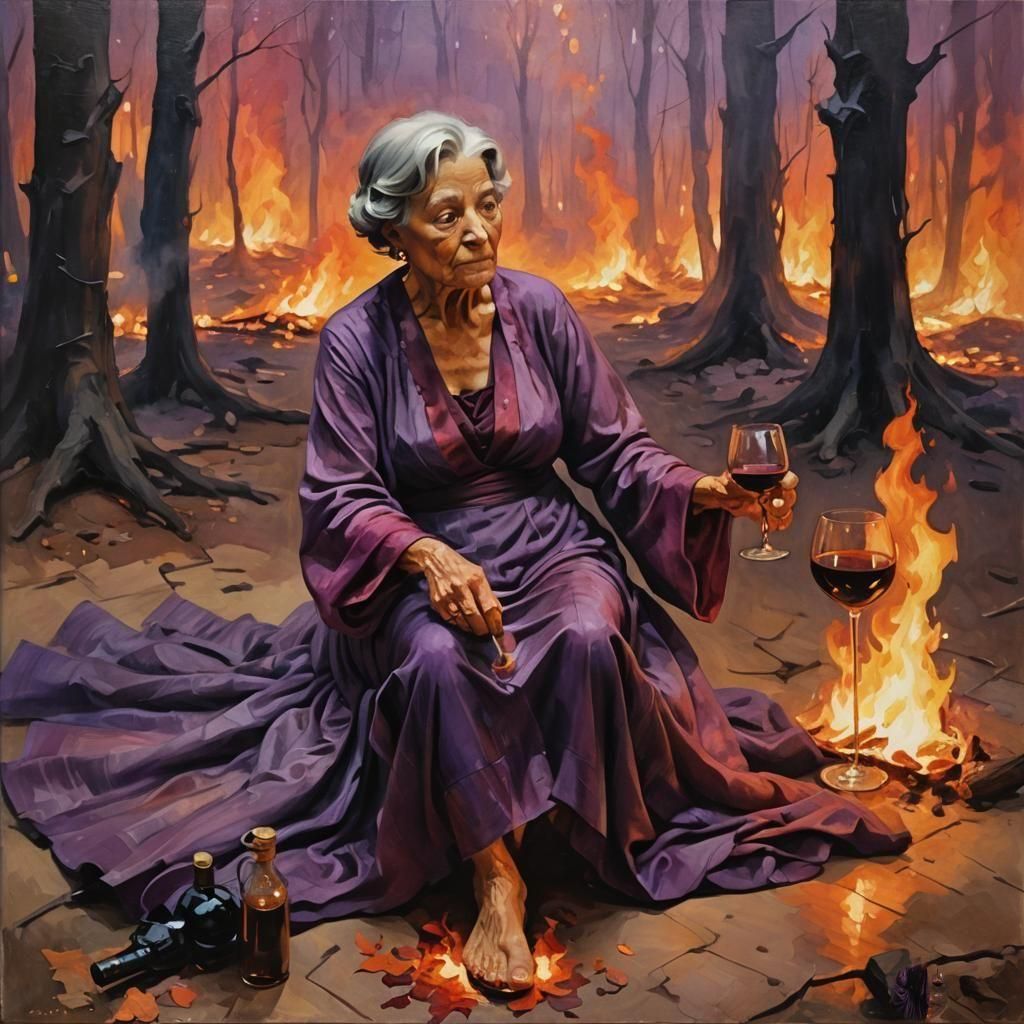 Woman Enjoying Wine in Burning Forest