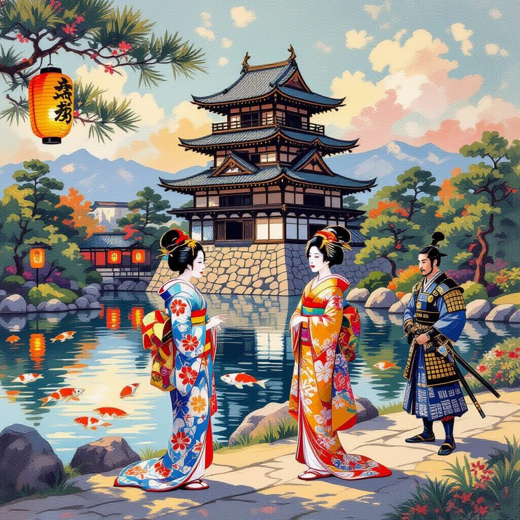 Vibrant Japanese Garden Scene with Edo Castle and Shogun