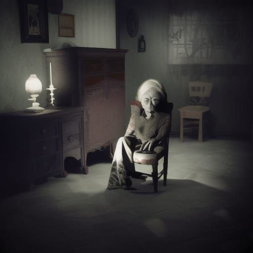 Creepy Old Woman with Cat in Dark