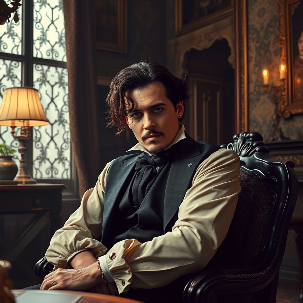 Victorian Gentleman in Opulent Room, Digital Art