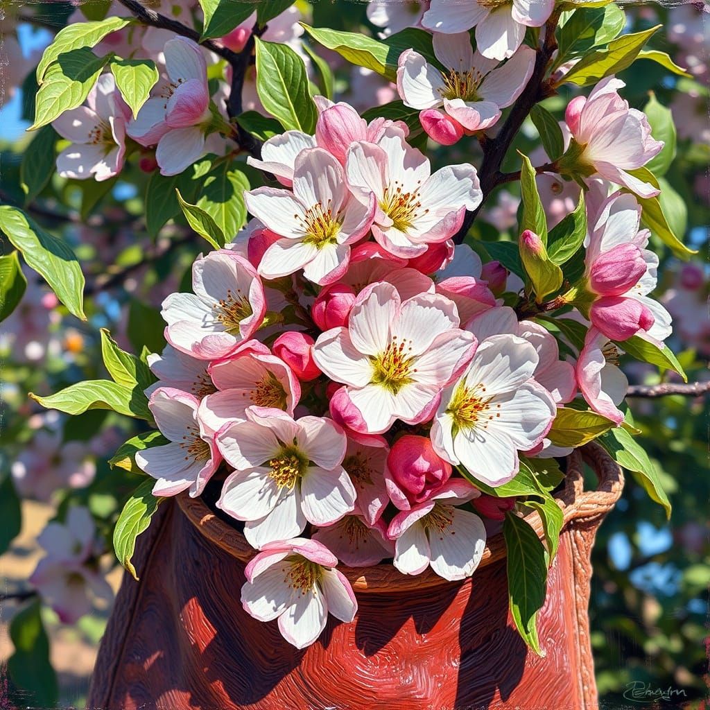 Neo-Impressionist Oil Painting of Apple Blossoms in Sunlight