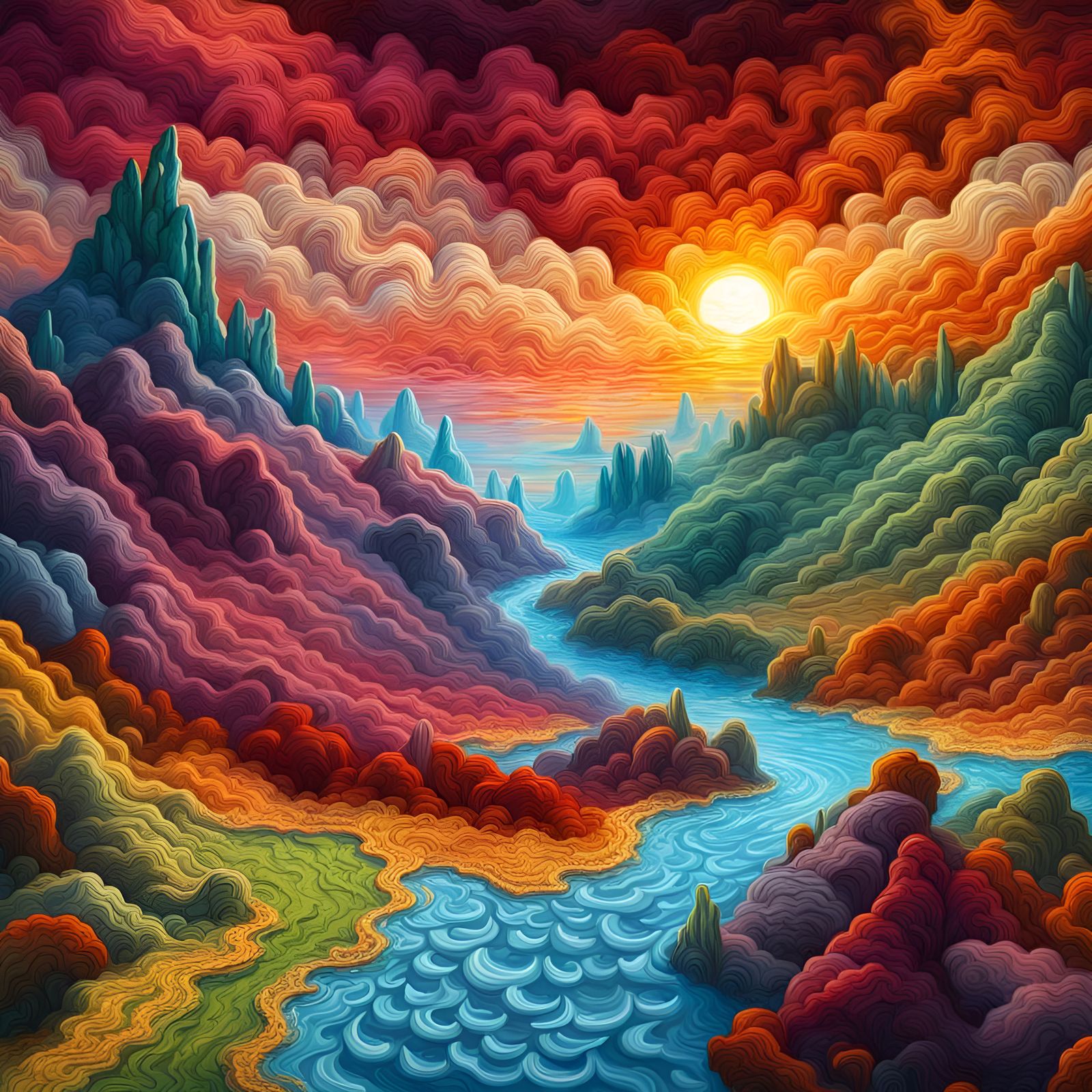 Crochet fantasy landscape scene