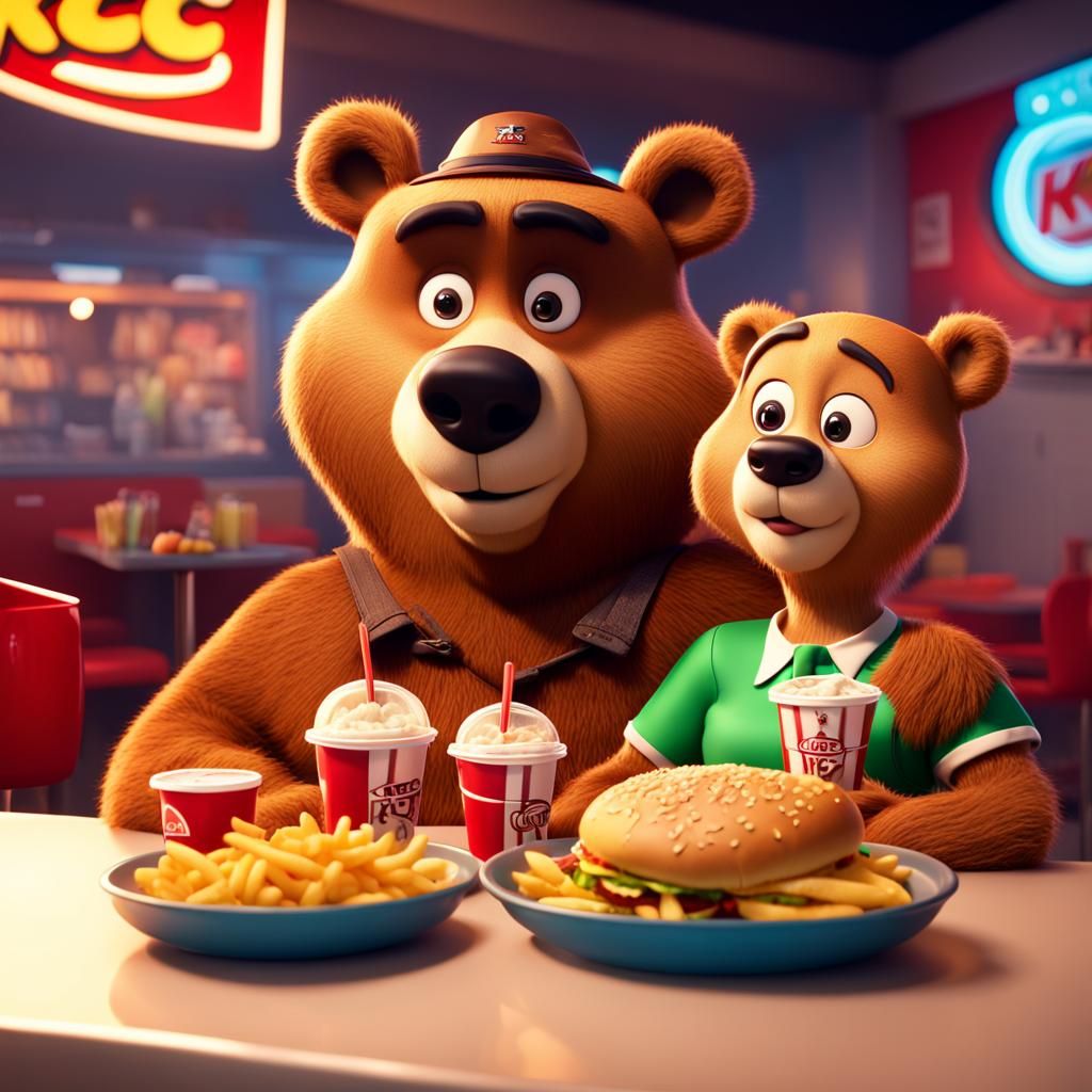 Yogi and Cindy Bear at KFC: Pixar-Style 3D Art