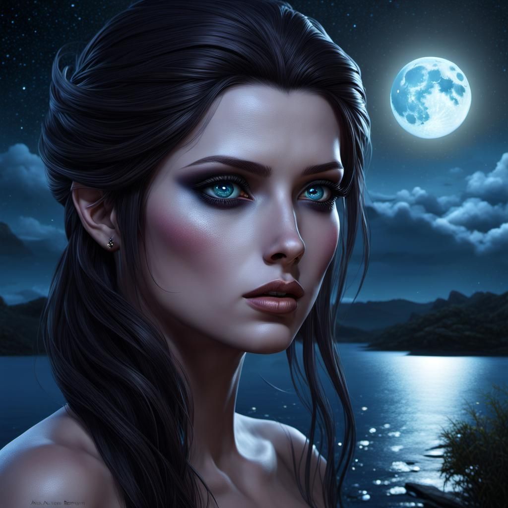 Surreal Woman Portrait Under Starry Moonlit Sky