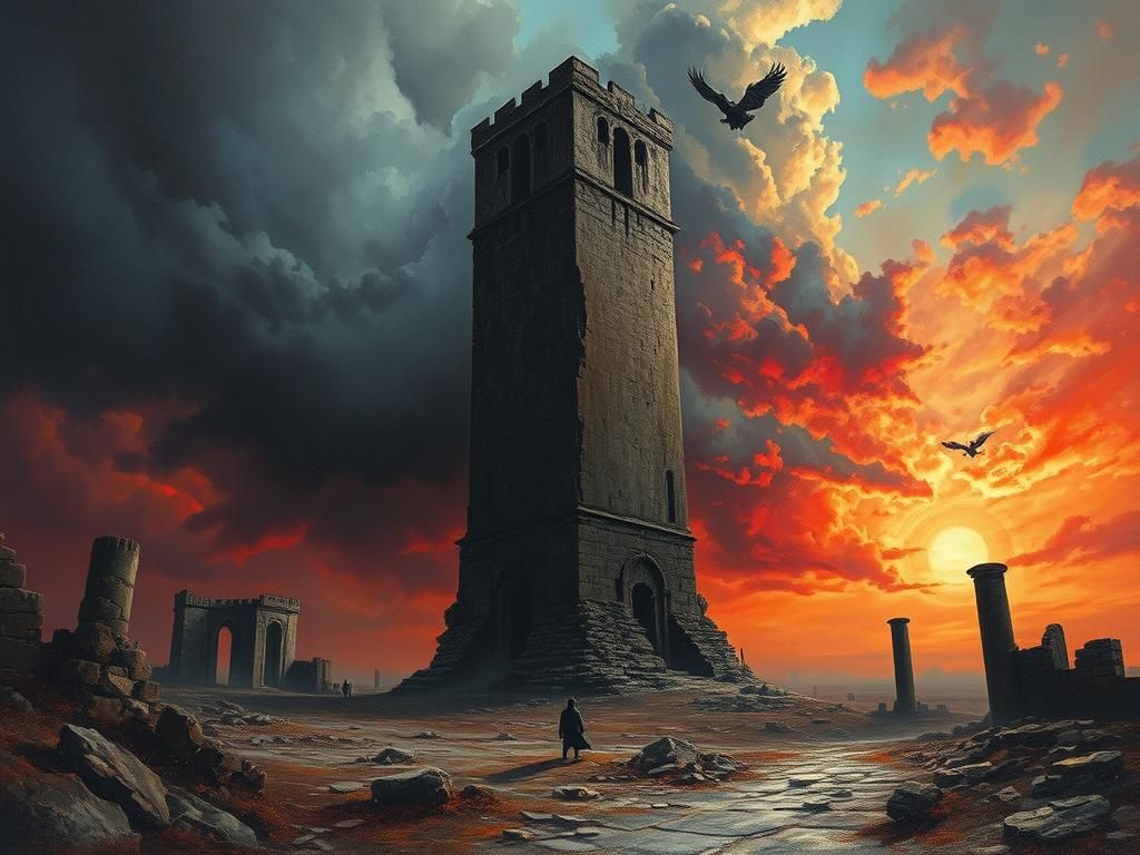 Imposing Tower Amidst Ancient Ruins in Neo-Impressionism