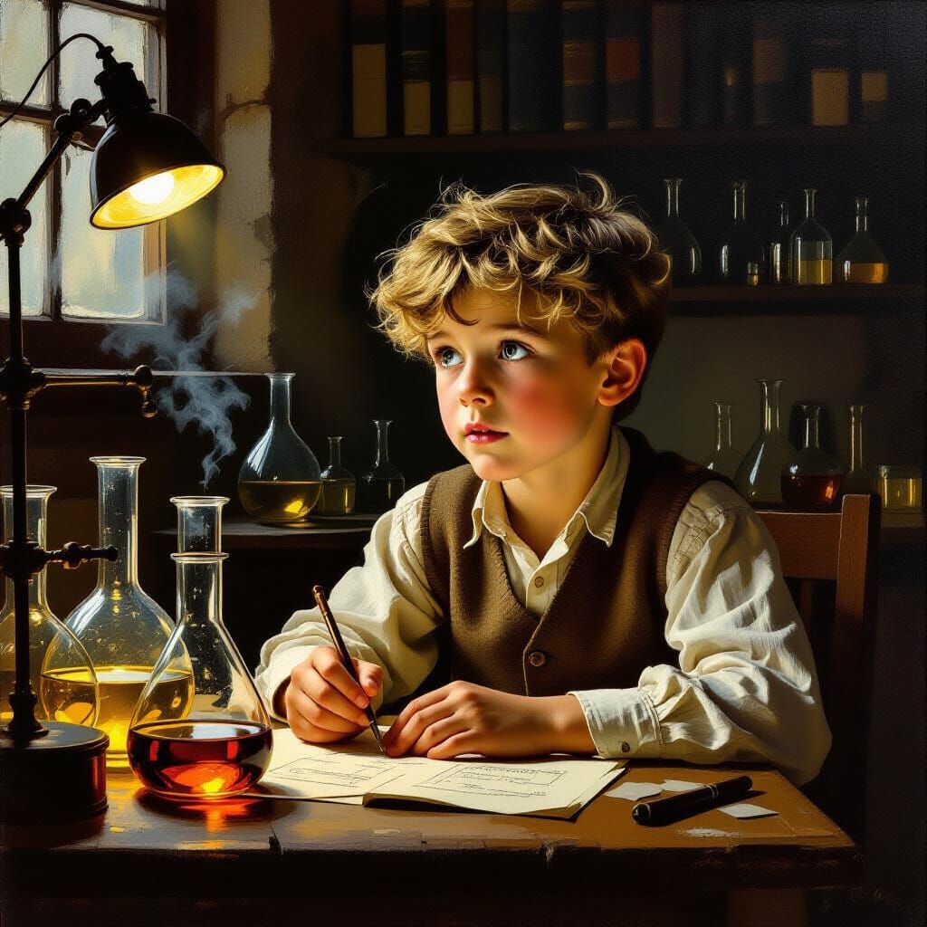 Boy Observes Penicillin Discovery in Rembrandt Style Paintin...