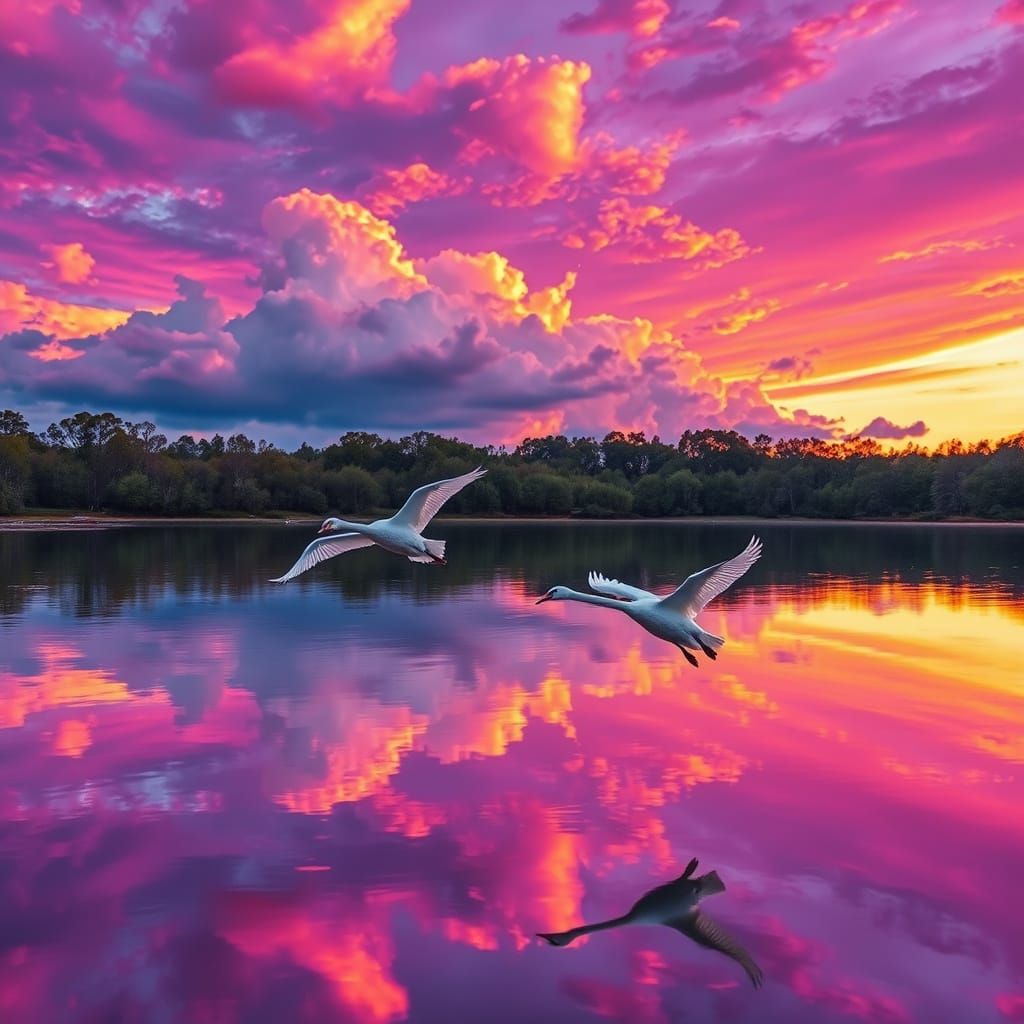 Swans in Vibrant Sunset over Serene Lake